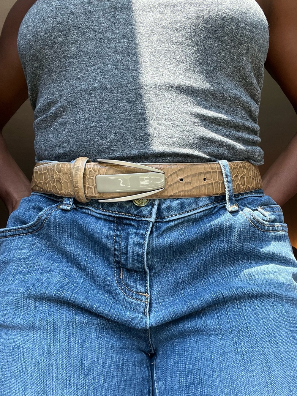 Carlisle Croc-Embossed Light Brown Leather Belt with Shiny Silver-Tone Buckle